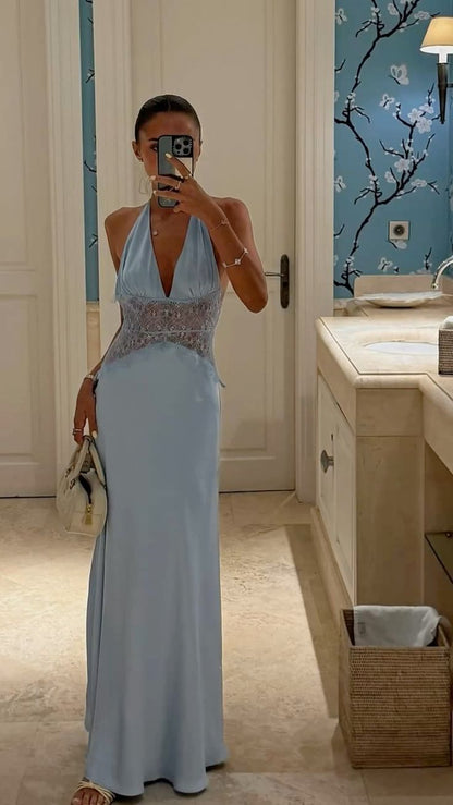 Einfaches Meerjungfrauen-Halterkleid, blau, rückenfrei, langes Abendkleid, Sommerkleid, Strandkleid, formelles Kleid mit schwarzer Krawatte, Frühlingshochzeitsgastkleid N1389