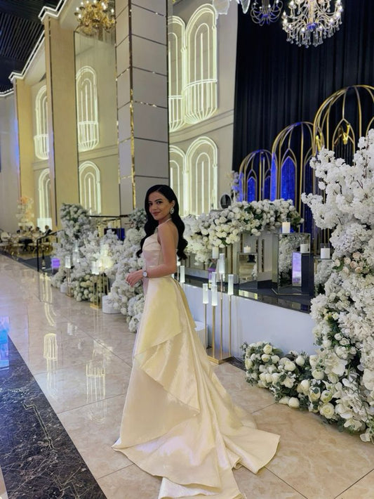 Sexy A line Halter Yellow Long Train Satin Prom Dress Inspo Prom Gown AB1039