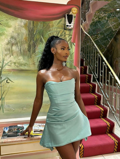 Classy A line Strapless Blue Satin Black Girls For Teens Women Party Short Mini 18th Birthday Dresses Hoco Outfit RB3761