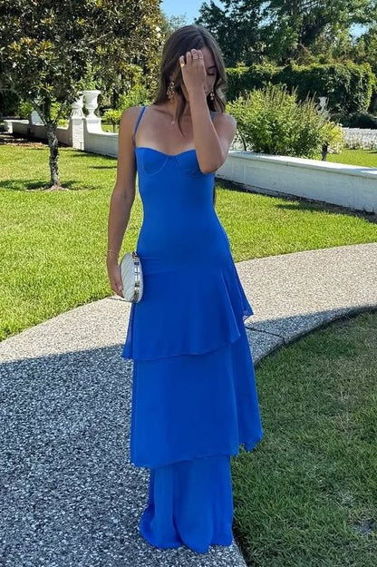 Robe de bal longue jaune sirène à fines bretelles et volants, idéale pour un anniversaire (AB2309)