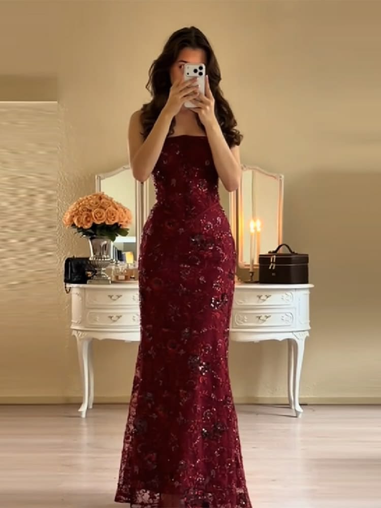 Robe longue moulante rouge à sequins brillants, élégante, sans manches, à lacets et col carré, ornée de fleurs chics (N1792)