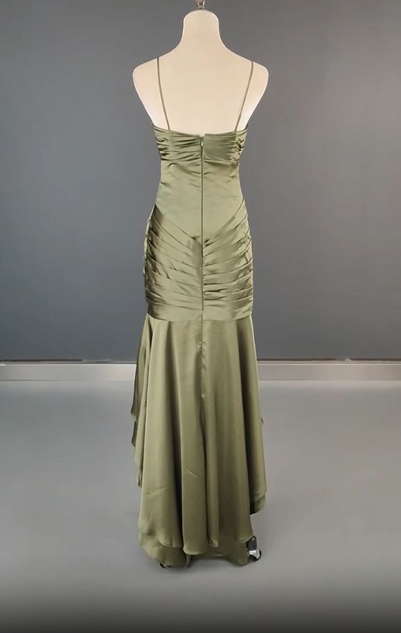 Elegantes, dunkelgrünes, langes Meerjungfrauen-Abendkleid aus Satin mit Spaghettiträgern – Wunderschönes Abendkleid N1782