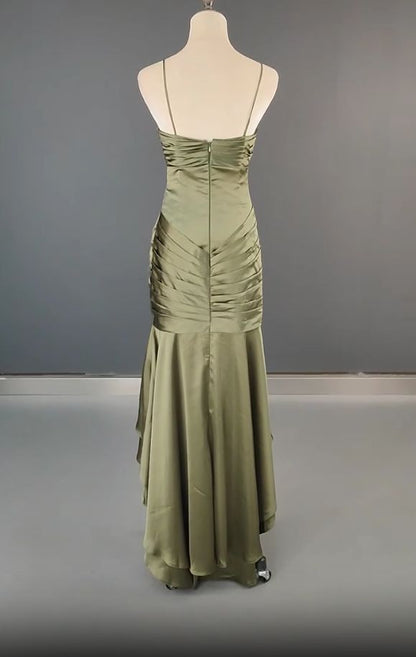 Elegantes, dunkelgrünes, langes Meerjungfrauen-Abendkleid aus Satin mit Spaghettiträgern – Wunderschönes Abendkleid N1782