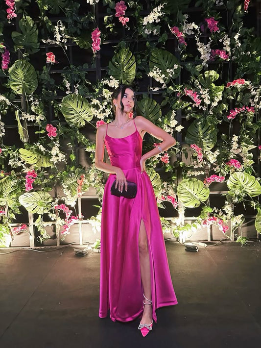 Robe de bal longue rose fuchsia en satin, fendue, à fines bretelles et coupe trapèze, style A, inspiration pour les tenues de soirée AB808