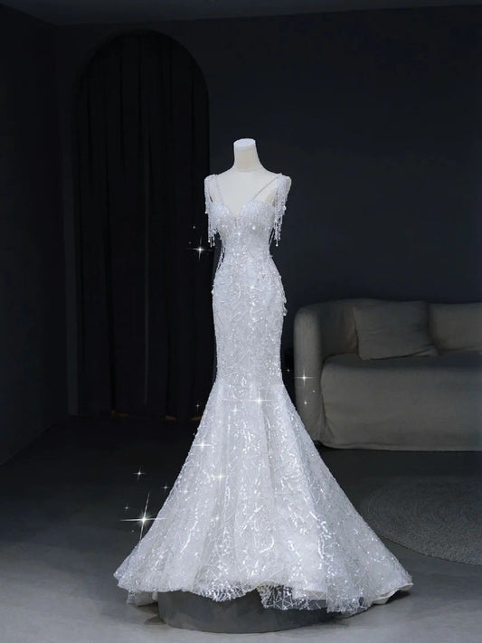 Wedding Gowns Dresses Elegant Modest for Bride Mermaid V Neck Sequins Petite/Plus Size Bridal Gowns For Women's Wedding AB1506