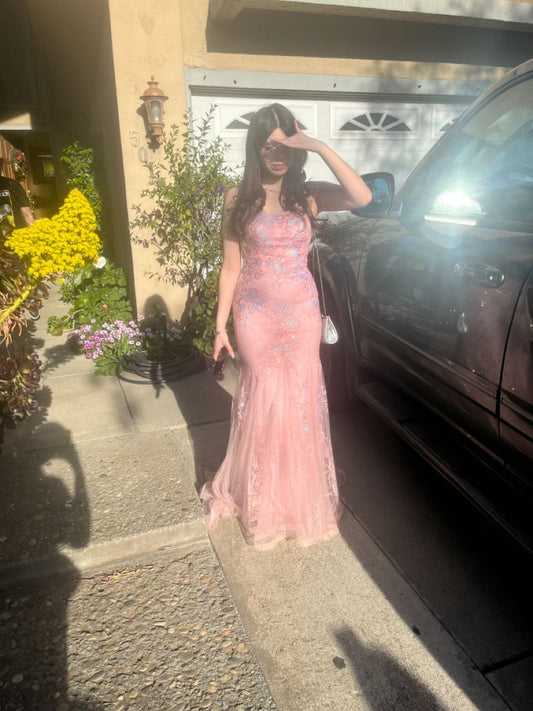 Aesthetic Mermaid Strapless Blush Pink Tulle Lace formal dresses Evening Prom Dresses AB634