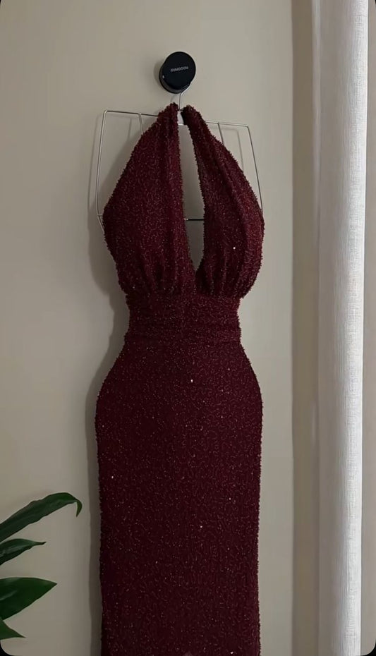 Shinning Mermaid Halter Burgundy Sequins For Women Party Dresses Long Formal Prom Dresses 20th Birthday Gown AB1330