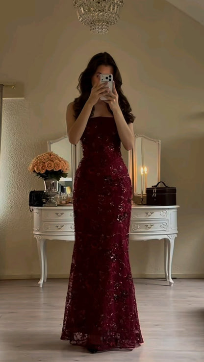 Robe longue moulante rouge à sequins brillants, élégante, sans manches, à lacets et col carré, ornée de fleurs chics (N1792)