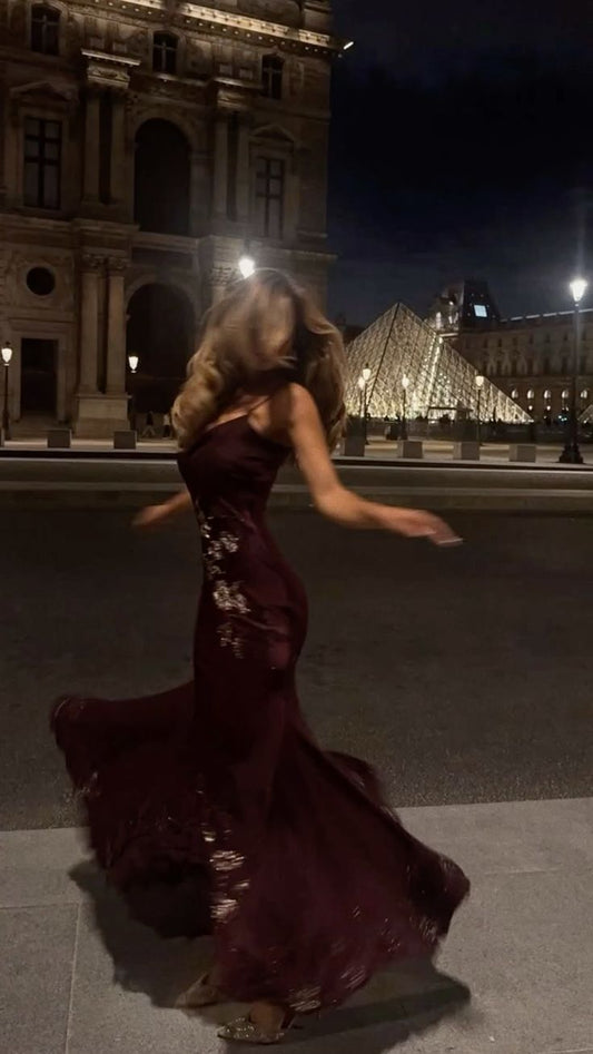 Vintage Meerjungfrauen-Abendkleid mit Spaghettiträgern in Burgunderrot – Inspiration für Teenager, festliche Kleider, Party-Outfits, Ballkleid AB1136