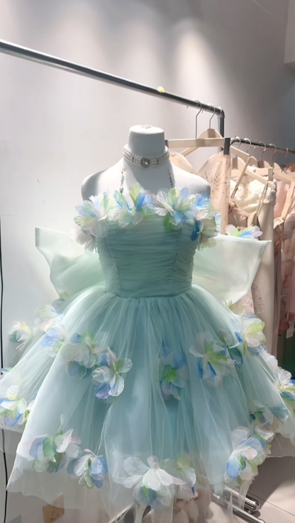 Robe De Bal Modeste Bustier Tulle Vert Clair À Fleurs Court Mini Inspiration Aînée Tenues 16ème Anniversaire Robes De Soirée RB3966