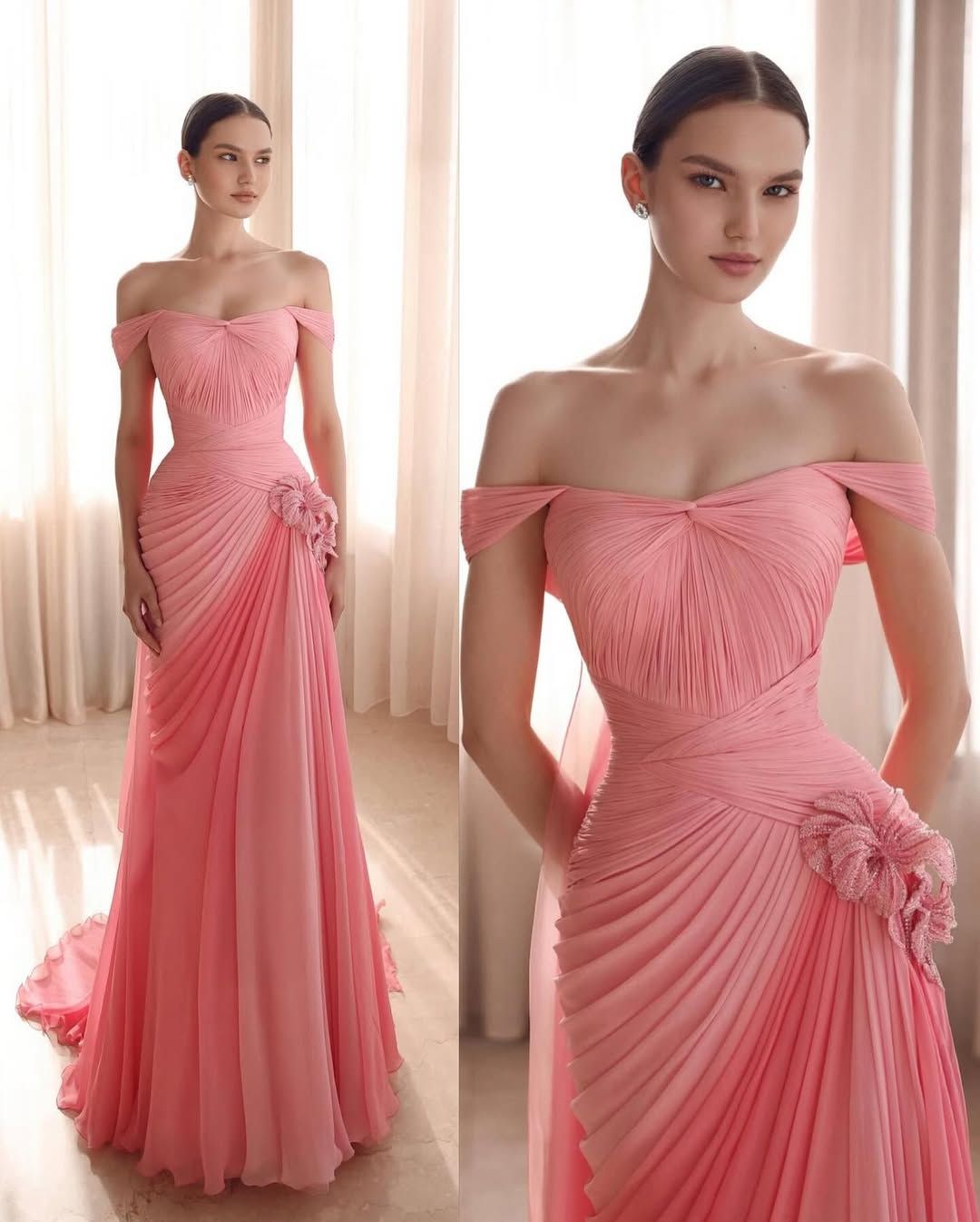 Robe de soirée élégante sirène rose épaule dénudée à manches courtes en mousseline pour 18e anniversaire, Robes de bal N2805
