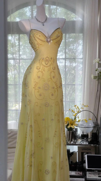 Robe de bal jaune unique, longue, dos nu perlée, tenue de bal Vestidos De Dia AB517