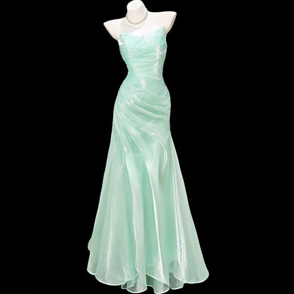 Hellblaues, trägerloses, plissiertes Ballkleid, Abendkleid, formelles, halbformelles, langes Abschlussballkleid für Teenager AB1993
