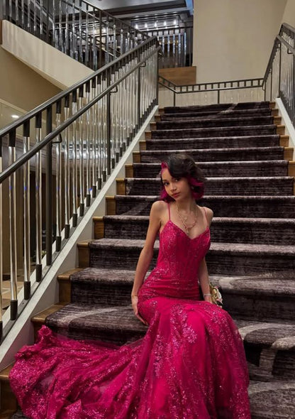 Robe de bal sirène sexy à bretelles spaghetti, rose vif, en dentelle et paillettes, tenue longue pour 18e anniversaire, robe de soirée dansante au lycée RB1236