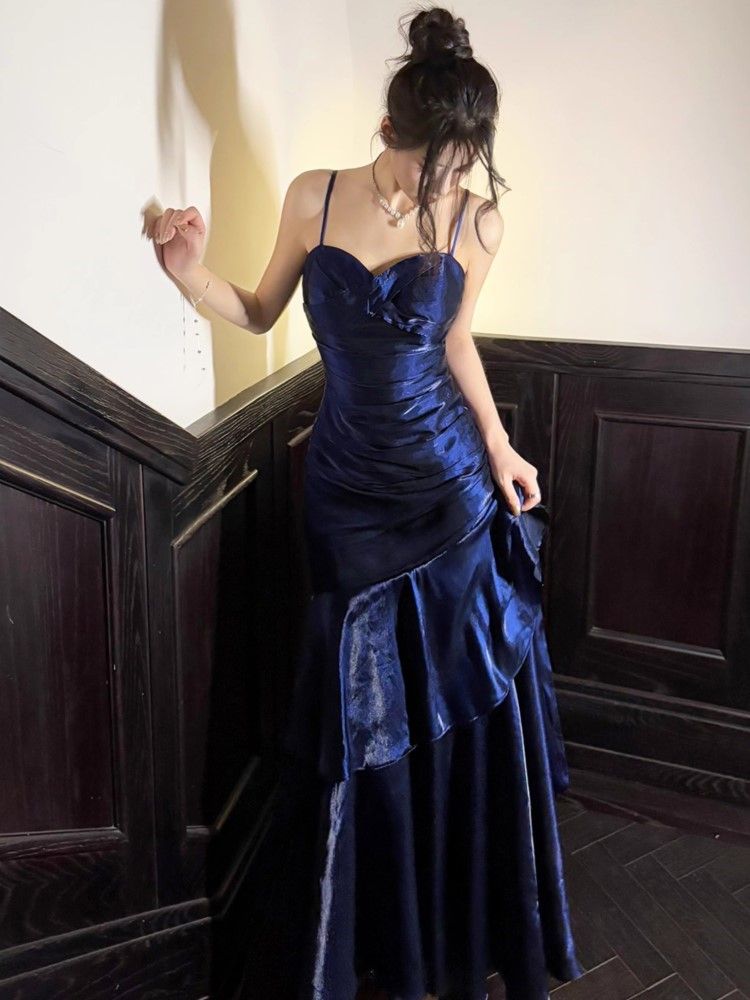 Robe de bal sirène élégante à bretelles spaghetti, longue, en satin plissé à volants, bleu royal, Vestidos De Dia AB555