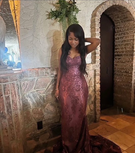 Funkelndes, pinkfarbenes Meerjungfrauen-Abendkleid mit herzförmigem Ausschnitt und perlenbesetztem Oberteil für schwarze Mädchen, Abendkleid N637