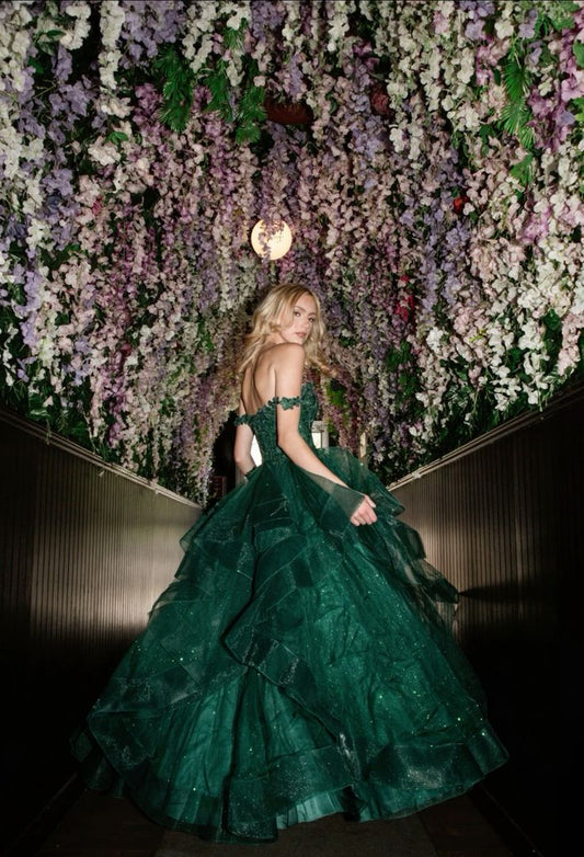 Sexy Ball Gown Spaghetti Straps Dark Green Tulle Long Prom Dresses Inspiration Trending Evening Gowns Formal Prom Dress B298