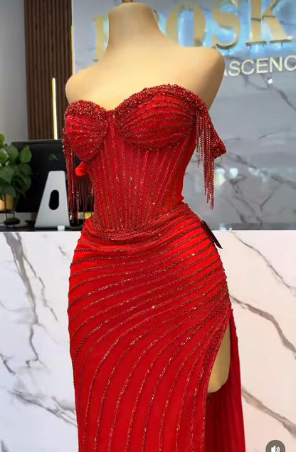 Ethereal Mermaid Off The Shoulder Red Beaded Slit Prom Dresses Formal Dress 23rd Birthday Outfits Prom Gown RB1524