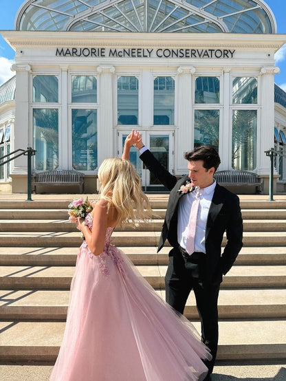 Modest A Line Sweetheart Pink Tulle Lace Appliqued Long Formal Party Dress For Teens Prom Dresses AB628
