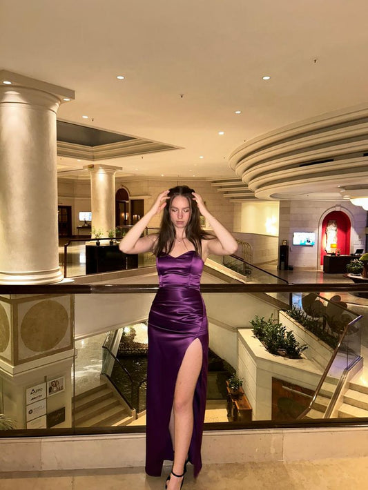 Aesthetic Mermaid Strapless Grape Satin Long Slit formal dresses Evening Prom Dresses AB635