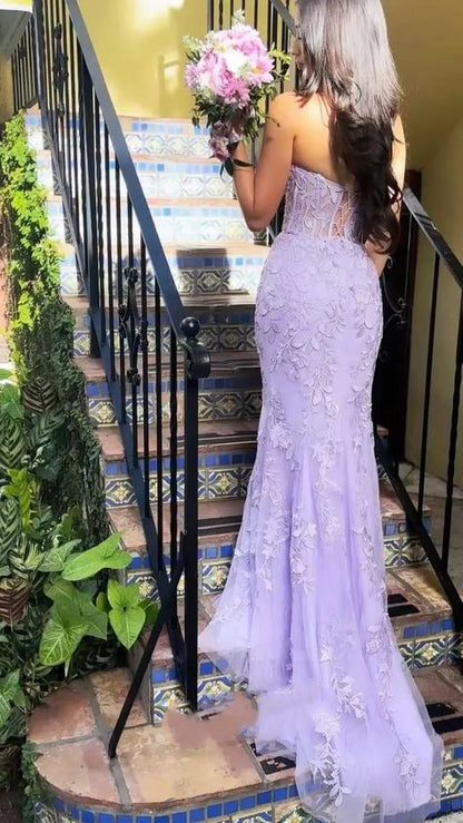 Classy Mermaid Strapless Tulle Lace Appliques Purple formal dresses Evening Prom Dresses AB630