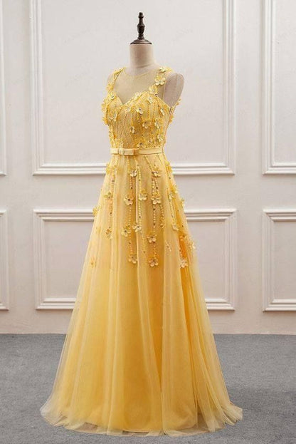Cute A Line Yellow Lace Appliqued Prom Dresses Inspiration For Teens Formal Dress Party Outfits Prom Gown RB2165