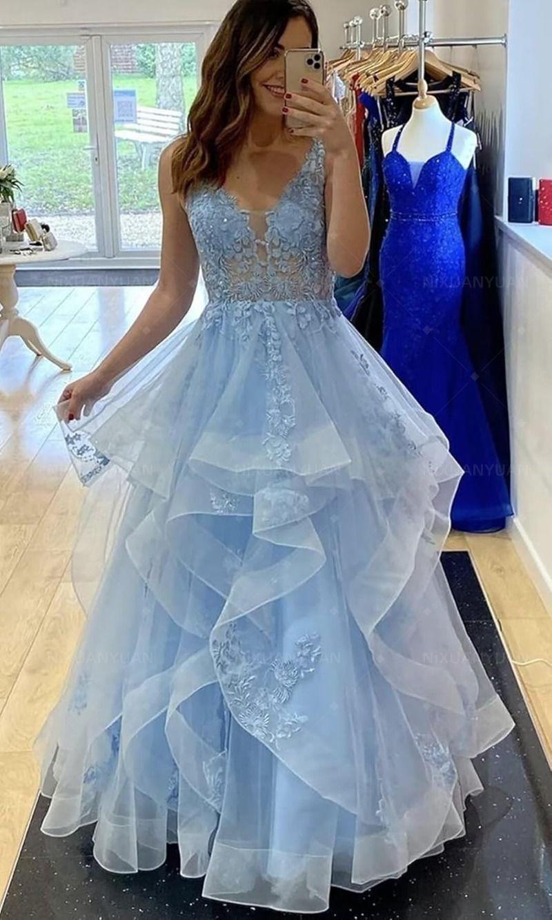 Robe de bal unique à col en V, en dentelle bleu ciel clair, robe de soirée longue à volants, Vestidos De Dia AB569