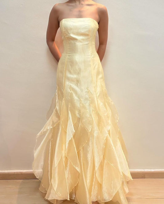 Sexy Mermaid Strapless Yellow Organza Prom Dresses Inspiration Party Dress Prom Gown AB103
