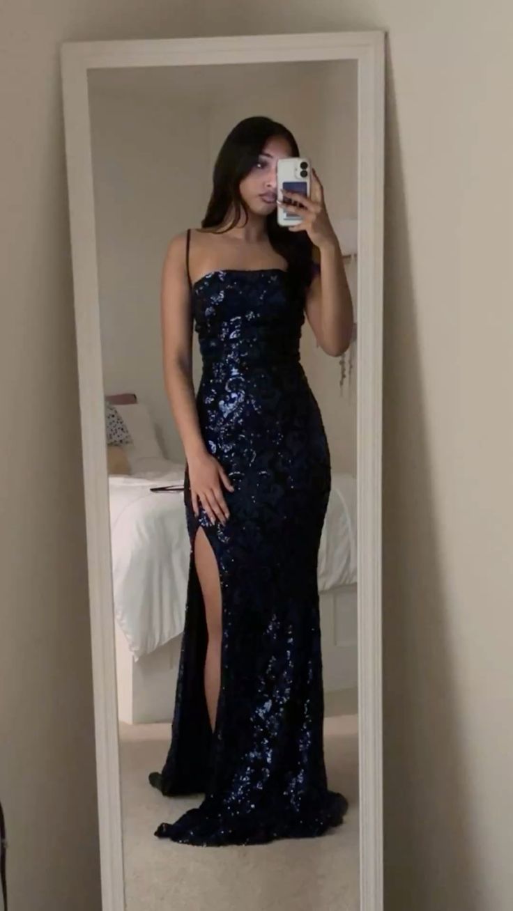 Modest Mermaid Spaghetti Strap Navy Blue Sequin Prom Dresses Inspo Formal Dress Party Outfits Prom Gowns AB100