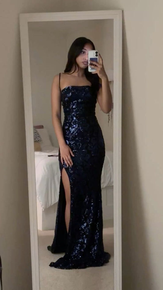 Modest Mermaid Spaghetti Strap Navy Blue Sequin Prom Dresses Inspo Formal Dress Party Outfits Prom Gowns AB100