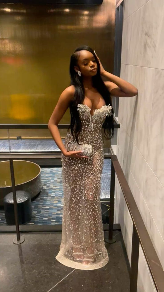 Sparkly Mermaid Sweetheart Sequin Champagne For Black Girls People Prom Dresses Long Evening Formal Gown Wedding Party Gowns N372