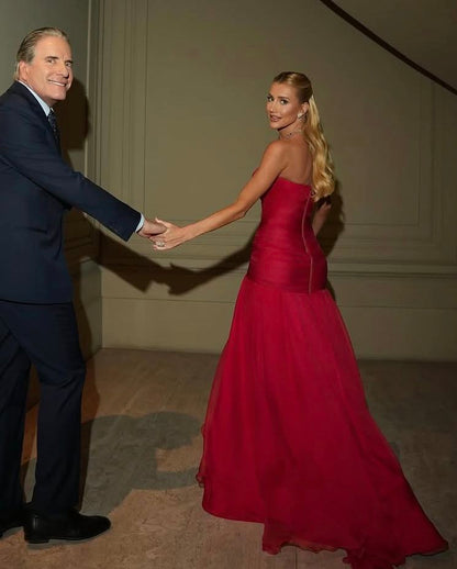Robe de bal sirène rouge sans bretelles, plissée, en mousseline, sans manches, AB423