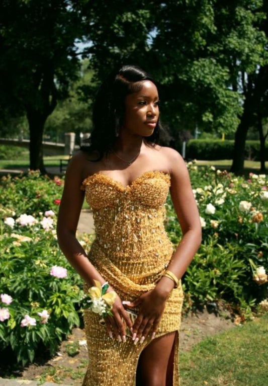 Sparkly Prom Dresses Mermaid Sweetheart Gold Sequin Sleeveless For Black Women Long Split Evening Formal Outfits RB3511