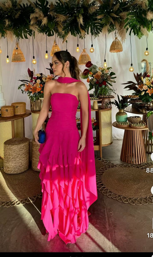 Sexy A-Linien-Abendkleid aus pinkfarbenem Chiffon, trägerlos, für Damen, Partykleid, langes formelles Ballkleid, 18. Geburtstagskleid AB1294