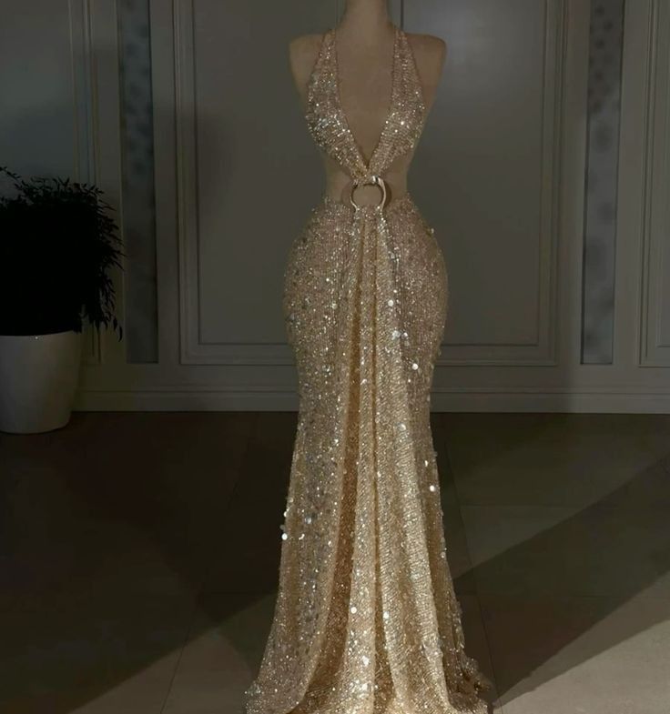 Robe de bal sirène sexy à sequins dorés et dos nu, inspiration robe longue de soirée AB108