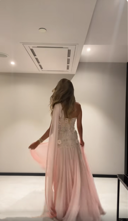 Robe de bal sirène luxueuse à une épaule en mousseline rose sans manches ornée de perles, longueur au sol, robe de remise de diplôme N889