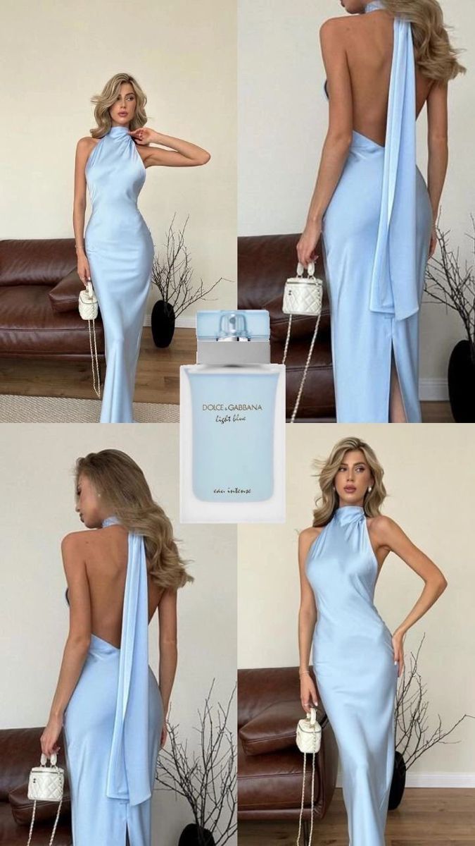 Simple Mermaid High Neck Light Sky Blue Maxi Dress Satin With Split Beach Summer Garden Inspiration Wedding Guest Dresses N2467