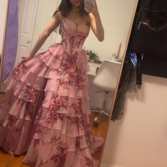 Robe de bal corset rose à fleurs, robe de soirée longue en mousseline à volants et fente, modèle AB508