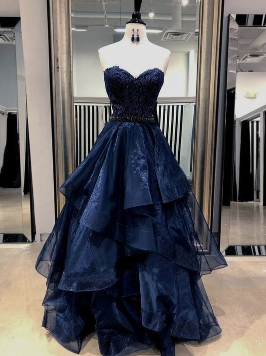 Elegantes Ballkleid mit Herzausschnitt, marineblau mit silbernen Perlen, langes Abendkleid für Abschlussball, Sweet-16-Geburtstagsfeier, AB1131