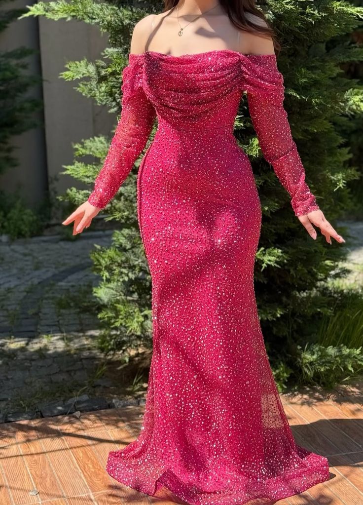 Robe de soirée sirène scintillante à épaules dénudées rose fuchsia à sequins pour femme, robe de bal longue et élégante, robe d'anniversaire pour les 22 ans AB1329