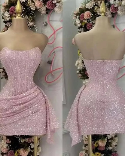 Süßes Etui Trägerloses Pinkes Pailletten-Minikurz-Formelles 8. Klasse Homecoming-Kleid Sommer Mittelschule Hoco Kleid N4736