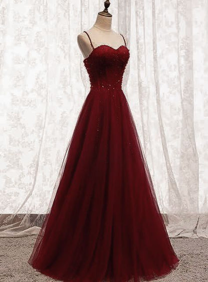 Straps Dark Red Beaded Sweetheart Long Formal Dress, Junior Prom Dress AB703
