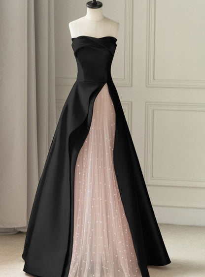 Robe de bal trapèze bustier en satin noir et tulle rose, modèle AB536
