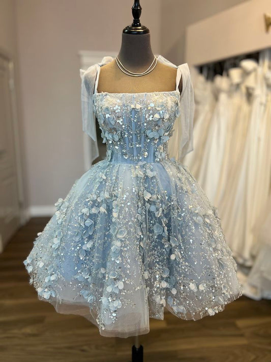 Glitter Ball Gown Spaghetti Strap Light Sky Blue Sequin Mini Short Hoco 19th Birthday Dress Homecoming Dresses RB4136