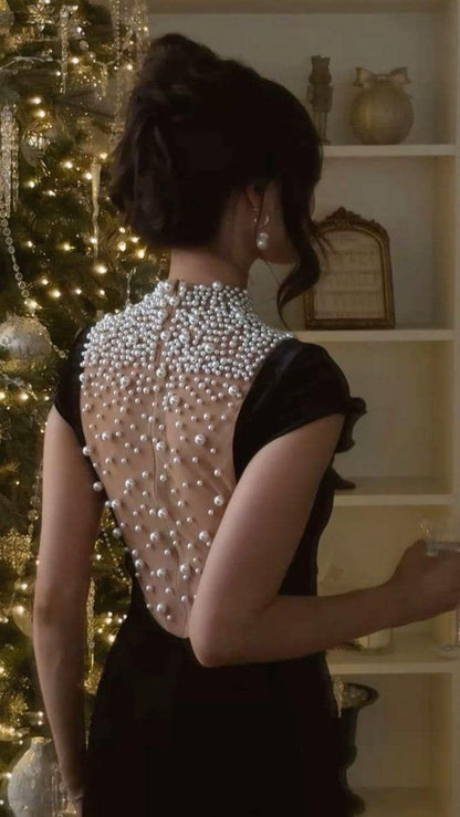 Robe de soirée en velours noir ornée de perles, robe de fête, robe de bal d'anniversaire AB1634