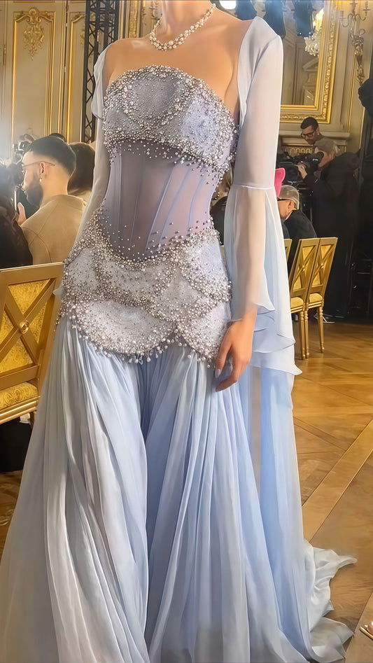Luxury Baby Blue Pearl Chiffon Prom Dress Princess Birthday Dress For Women AB1455