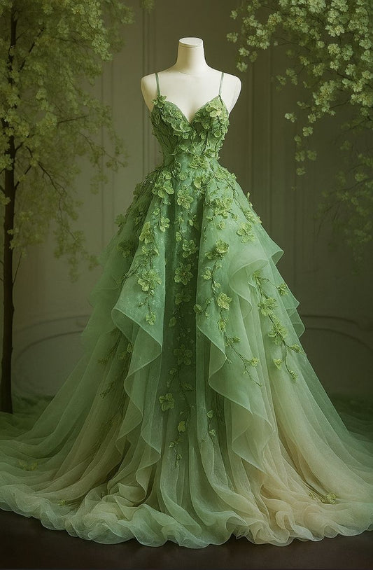 Elegantes Ballkleid mit Spaghettiträgern aus grünem Tüll, langes Abendkleid für den 16. Geburtstag, AB1161