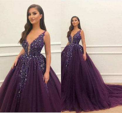 Robe de bal violette en tulle à col en V, tenue de soirée pour la remise des diplômes N044