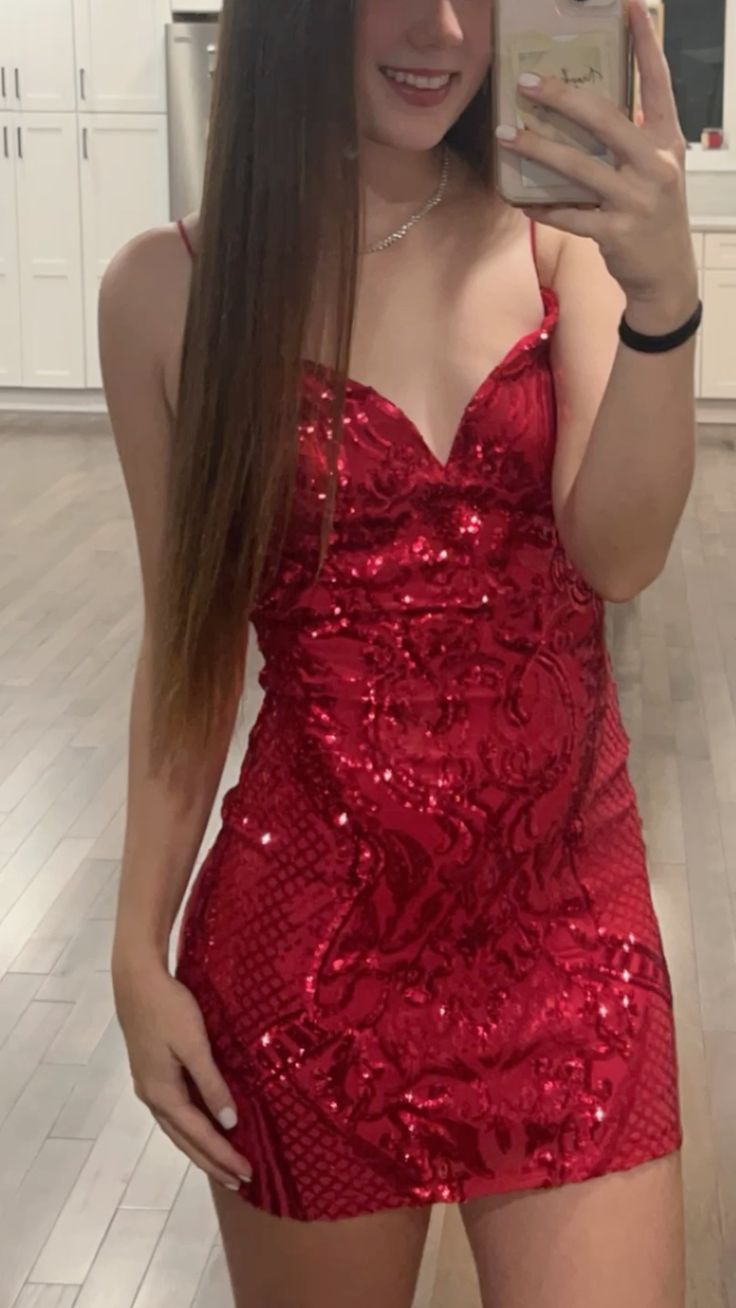 Minimalist Scheide Spaghettiträger Rot Pailletten Semi-formal 12. Klasse Inspo Kurze Mini Homecoming Kleider RB4576