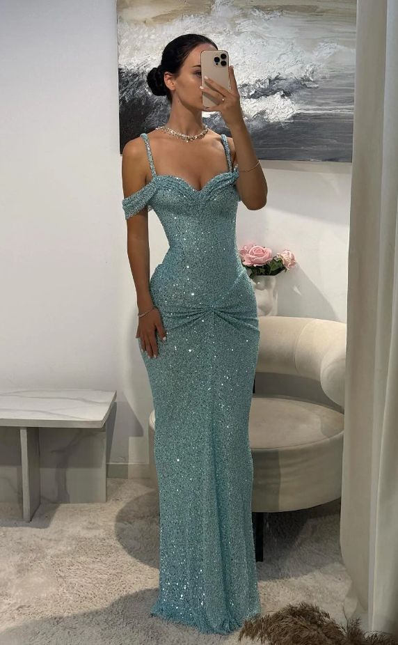 Glitzerndes, figurbetontes Kleid mit blauen Trägern und Pailletten, langes Ballkleid im Meerjungfrauen-Stil für Damen N4113